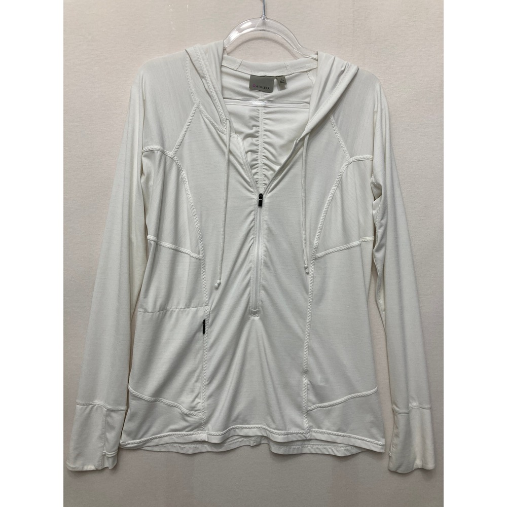 Athleta Half Zip Hoodie Large‎ White Lightweight Thumbhole Activewear Athletic